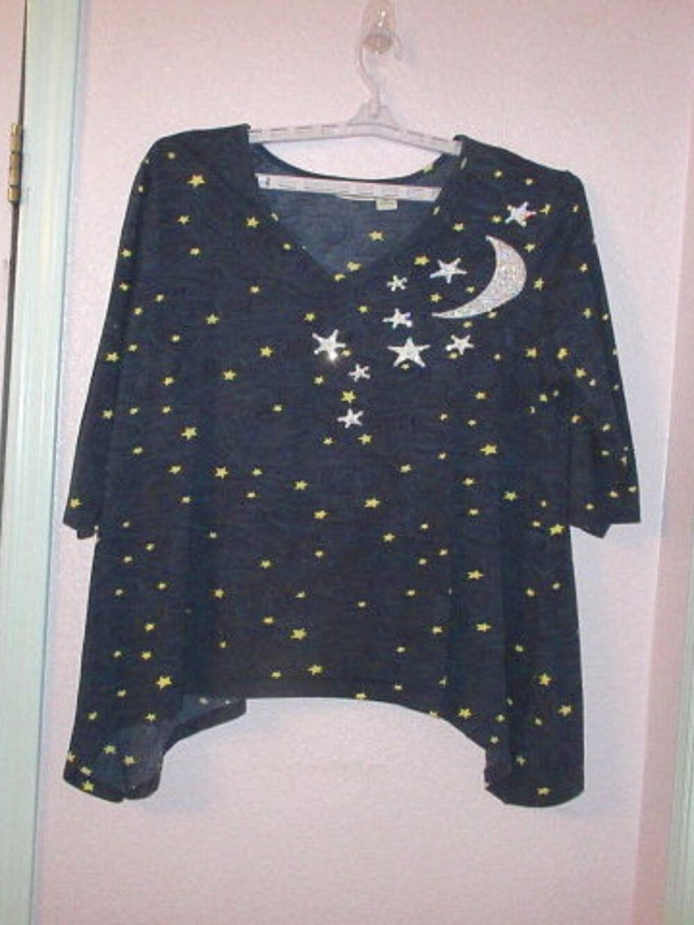 Celestial Moon & Stars Blouse Top Size XXL 2X Asymmetrical Tunic Sequins Lunar